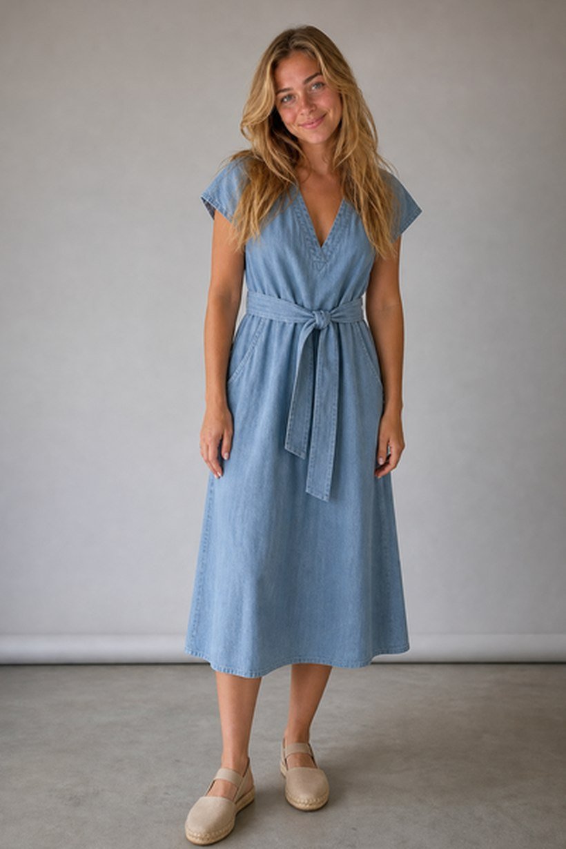 Aynı kişi, uygulamada denenmiş mavi denim midi elbise
