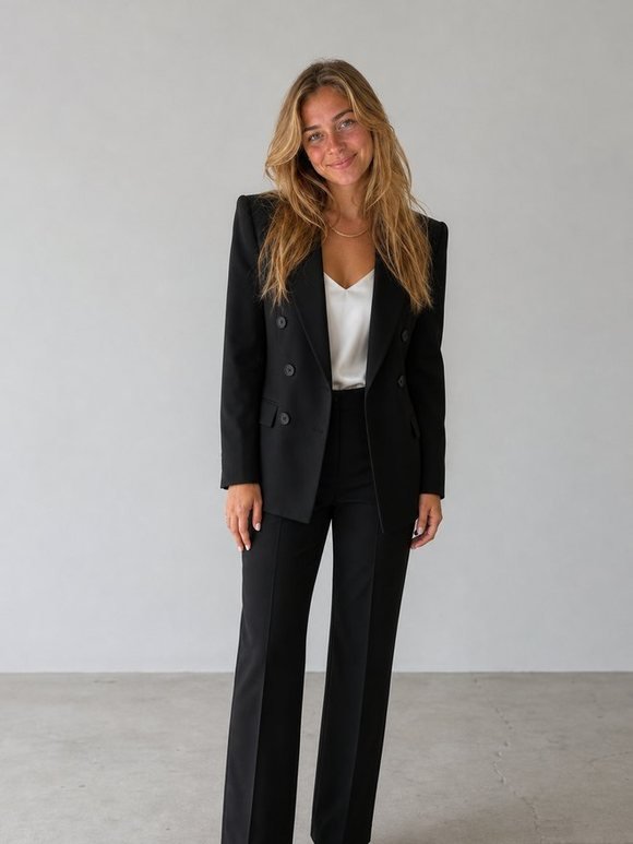 Siyah kruvaze blazer ve pantolon denemesi