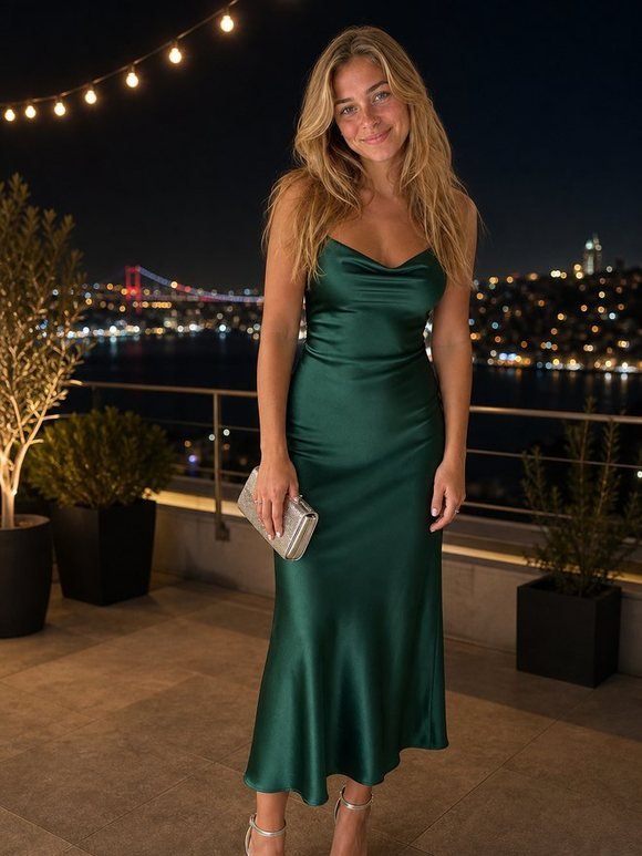 Boğaz manzaralı terasta zümrüt saten elbise denemesi